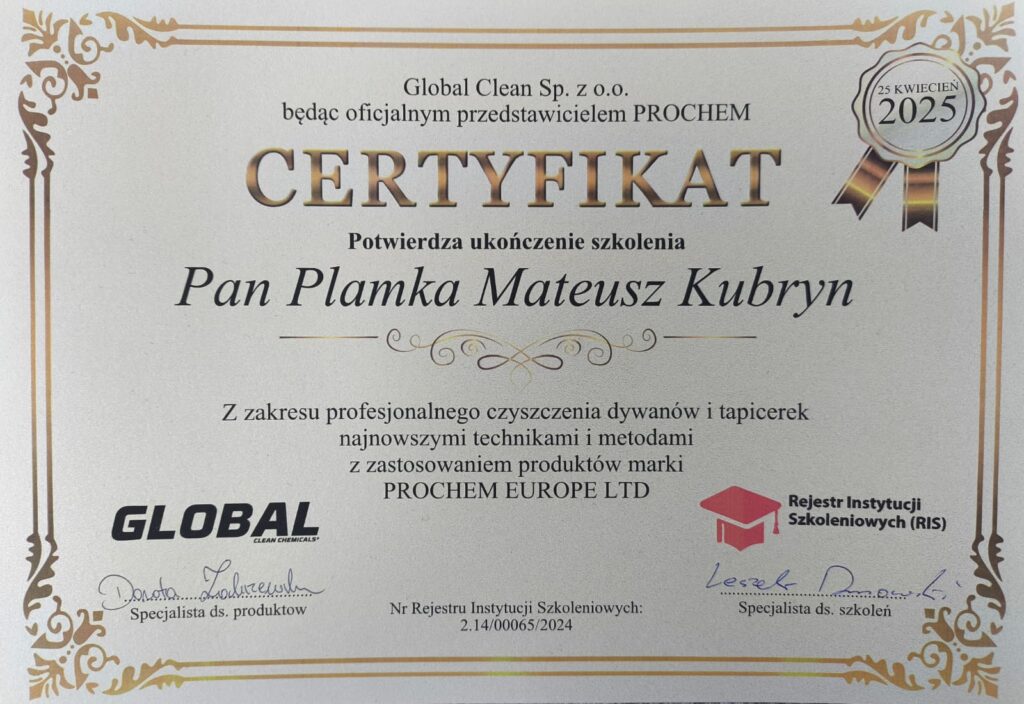 Certyfikat szkolenia – pranie tapicerki ekstrakcyjnej Pan Plamka