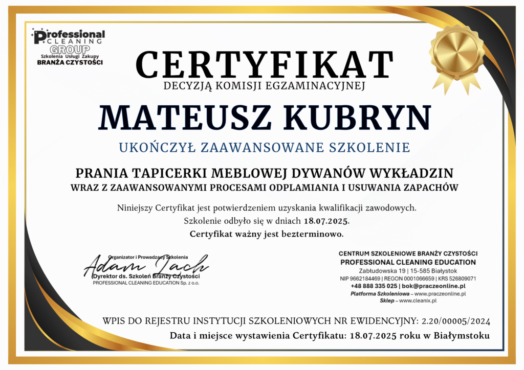 Dyplom ukończenia kursu czyszczenia tapicerki samochodowej